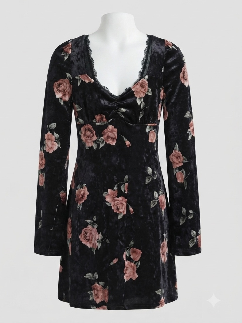 Emory Park Black Velvet Floral Mini Dress Lace Bell Sleeve Whimsigoth Fairycore